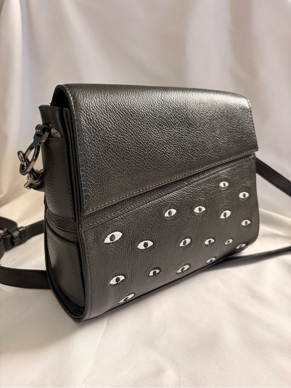 Anastasio Medium Crossbody Handbag Black Leather - All Over Eyes Embroidery